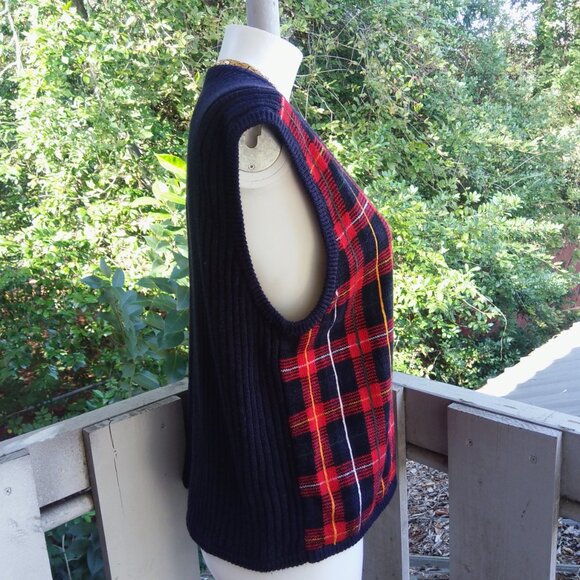 Vintage Sag Harbor Plaid Knit Cotton Academia Cardigan Button Up Sweater Vest - Picture 2 of 8